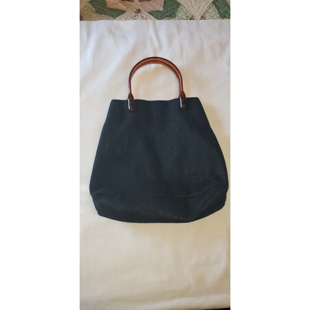 Vintage Lord & Taylor Black Ribbed Tote Bag Amber Tortoise Acrylic Handles